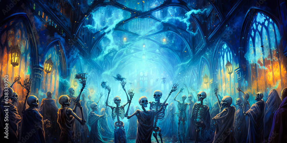 illustration of festive dressed skeletons at ball, costume Halloween party
