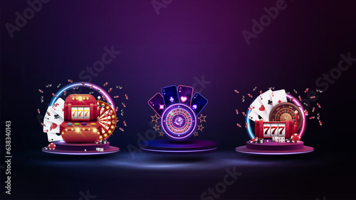 Set of casino elements on podiums with neon frames, slot machine, wheel fortune, roulette wheel, poker chips and neon playing cards