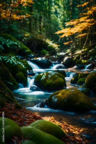 Green forest trees with a creek running through the middle. 