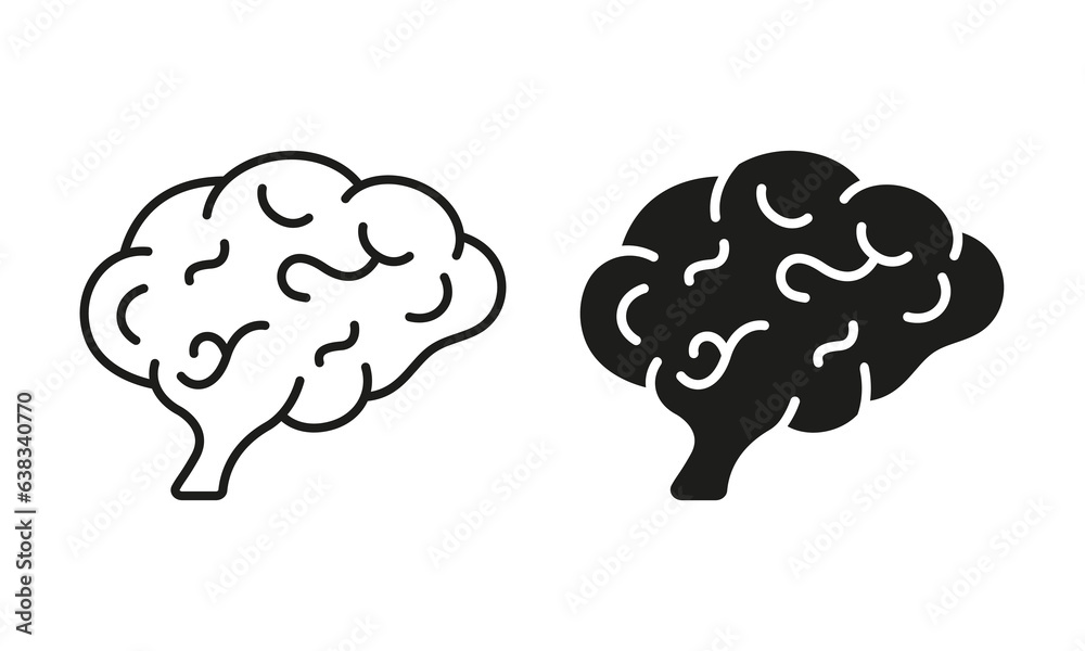 Brainstorm, Memory, Psychology Symbol Collection on White Background. Mind, Intelligence, Neurology, Knowledge Pictogram. Human Brain Line and Silhouette Icon Set. Isolated Vector Illustration