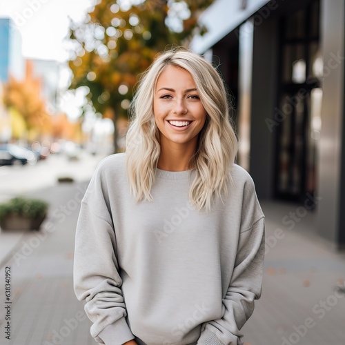 Beautiful young lady dressed in gray sweater, commercial sweatshirt mock-up, smiling blonde woman standing in the street