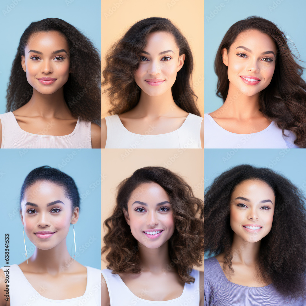 Photo collage portrait of a diverse group of beautiful women with perfect, natural, glowing skin. Multi-ethnic group as a concept of women united with diversity of origins and beliefs. 