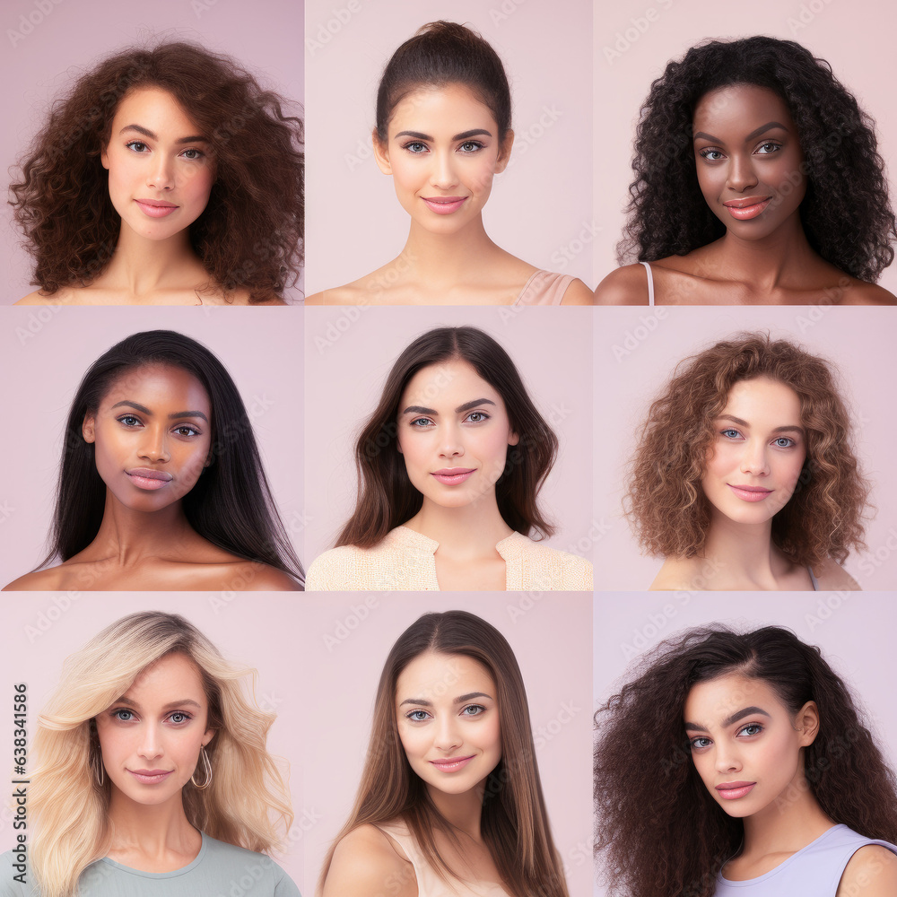 Photo collage portrait of a diverse group of beautiful women with perfect, natural, glowing skin. Multi-ethnic group as a concept of women united with diversity of origins and beliefs. Photo collage portrait of a diverse group of beautiful women with perfect, natural, glowing skin. Multi-ethnic group as a concept of women united with diversity of origins and beliefs.
