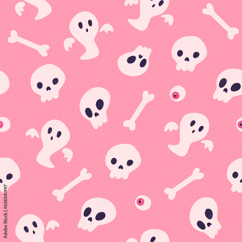 Pink halloween seamless pattern with skull, bones and ghost. Barbiecore style vector illustration