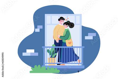 Romantic couple on the balcony Illustration concept on white background
