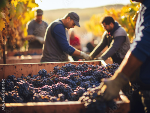 Farmer picking and sorting grapes for wine production