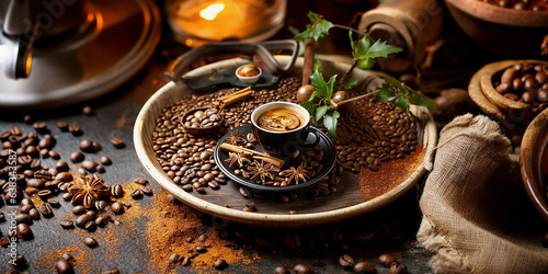 A cup of espresso on a tray with with coffee beans, cinnamon and anise on dark rustic background with candles. 