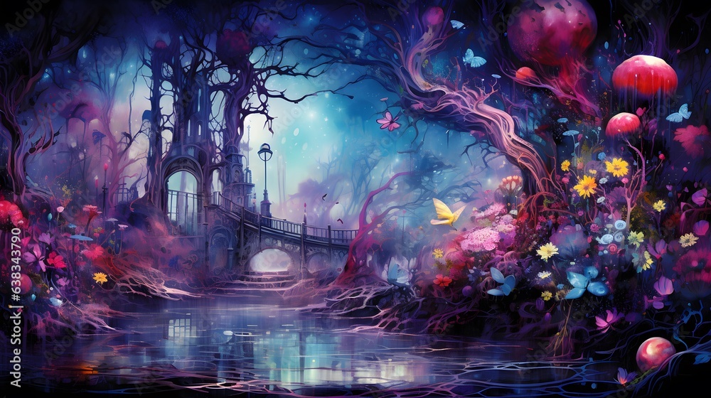 Surreal fantasy land with large forest. Beautiful magical fairy tale enchanted forest. Surreal, abstract digital painting.