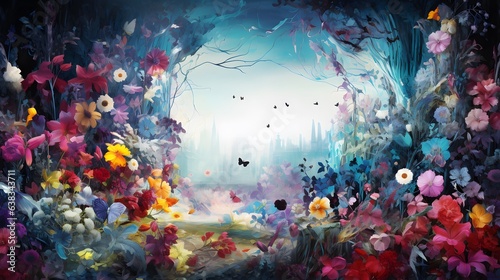 Surreal fantasy land with large forest. Beautiful magical fairy tale enchanted forest. Surreal  abstract digital painting.