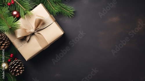 Gift Box Surrounded by Sprigs of Pine and Holly for a Natural Touch , Christmas, aesthetics, wide banner with copy space area   © Катерина Євтехова