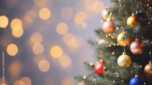 Festive Christmas Tree with Sparkling Lights and Colorful Ornaments   Christmas  aesthetics  bokeh  wide banner with copy space area  