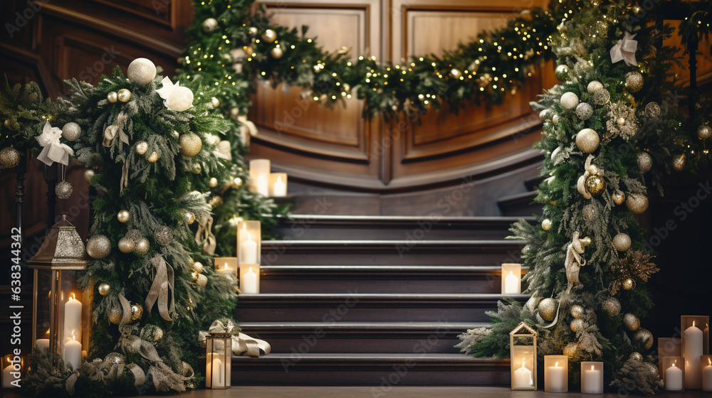 Festively Decorated Staircase with Greenery, Ribbons, and Twinkling Lights , Christmas, aesthetics, wide banner with copy space area  