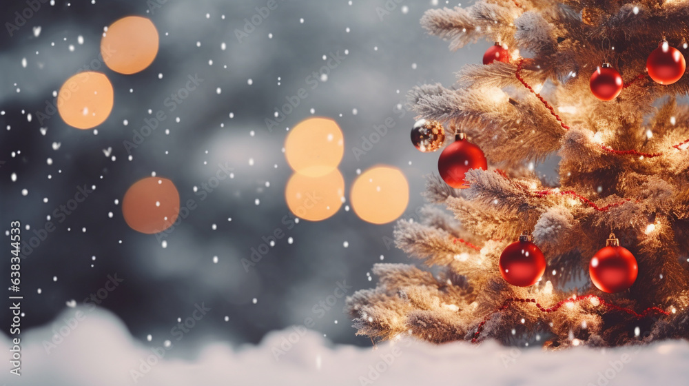Outdoor Christmas Tree Illuminated with Twinkling Lights in the Snow , Christmas, aesthetics, bokeh, wide banner with copy space area Outdoor Christmas Tree Illuminated with Twinkling Lights in the Snow , Christmas, aesthetics, bokeh, wide banner with copy space area