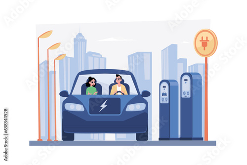 Couple riding electric car