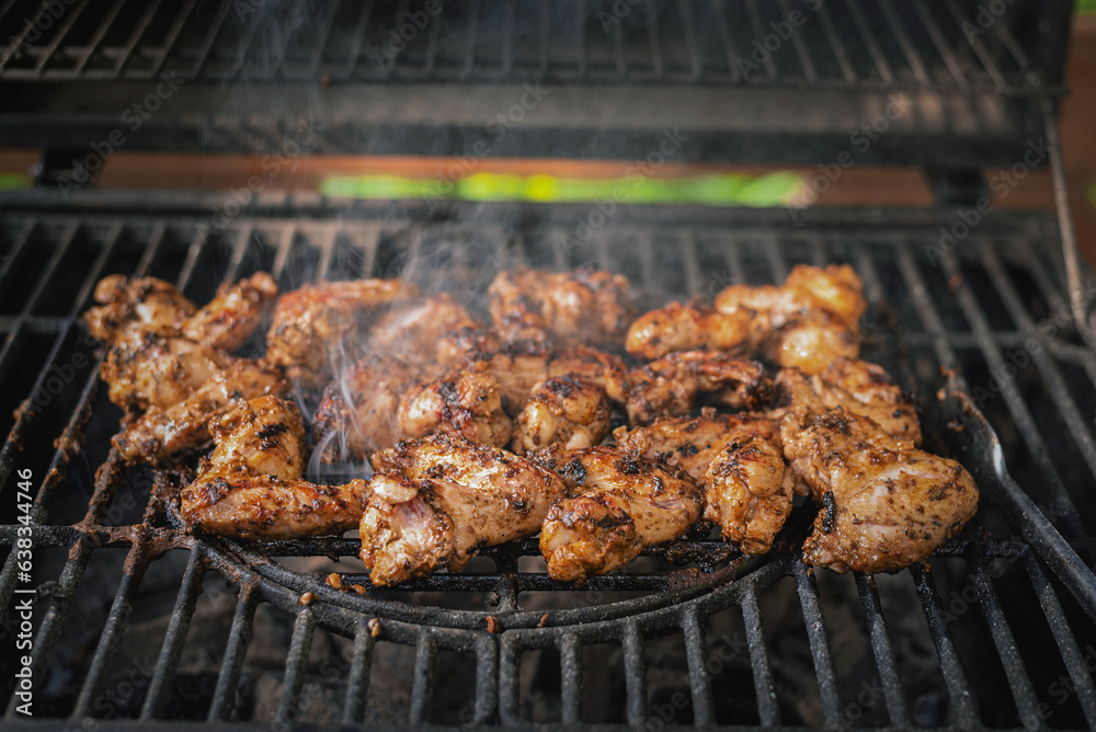 Chicken wings on the barbecue grill close up background.