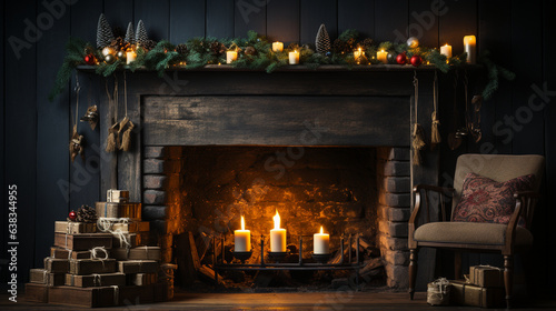 Rustic Fireplace Mantel Adorned with Garland, Stockings, and Glowing Candles , Christmas background, wide banner with copy space area Generative AI
