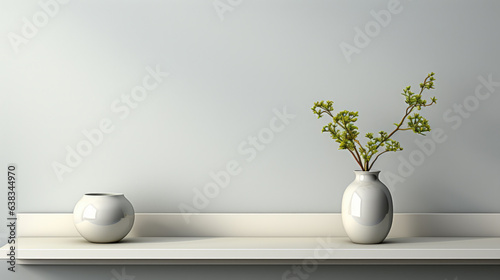 This is a universal minimalistic background that can be used for product presentations. White empty shelf on a light gray wall. © ND STOCK