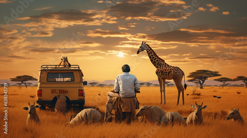 Traveller on a safari in Africa travels by car