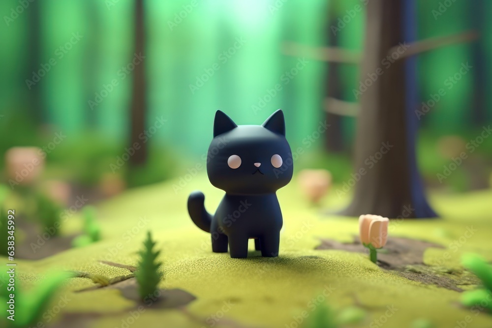 A black cat walking in forest 3D Tiny cute isometric Generative AI. - obrazy, fototapety, plakaty 