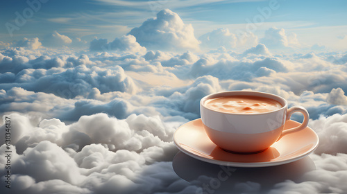 A bird's-eye view of a coffee cup resting on a cloud-like surface, emitting delightful aroma