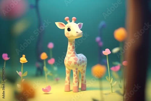 A giraffe walking in forest 3D Tiny cute isometric Generative AI. © BOONJUNG