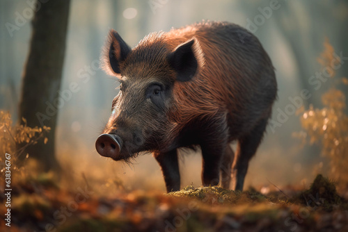 Wild boar in full growth in the autumn forest