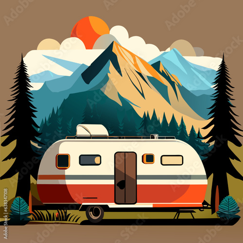 Camping trailer in the mountains. Vector illustration in flat style.