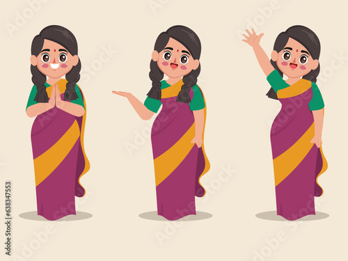 Tamil woman pose namaste, presenting and hands up. Young indian woman wearing saree. Business woman cartoon character design.