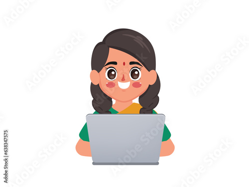 Tamil woman is working on the laptop computer. Young indian woman wearing saree. Business woman cartoon character design.