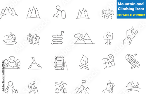 24 mountain and climbing icons. Crafted with editable strokes, these lne icons depict various activities and objects related to mountain climbing. Set against a white background,