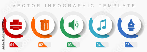 Media icon set, miscellaneous icons such as printer, trash can, speaker, note and pen, flat design vector infographic template, web buttons in 5 color options