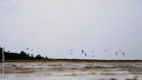 Many kite surf on  Sables d'Olonnes beach, France