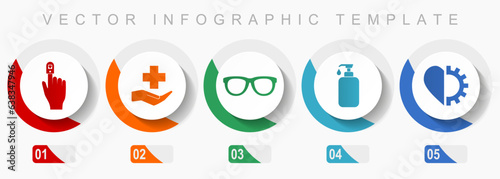 Medical icon set, miscellaneous icons such as oximeter, hospital, glasses, soap and heart, flat design vector infographic template, web buttons in 5 color options