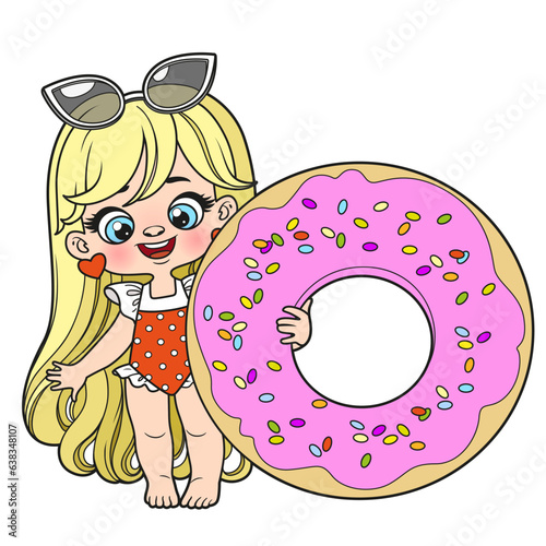 Cute cartoon girl in a swimsuit  with donut inflatable ring for swimming color variation on white background