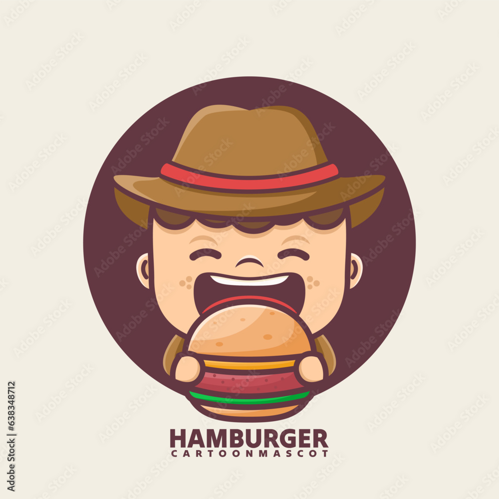 cute cartoon mascot with hamburger. vector illustrations with outline style