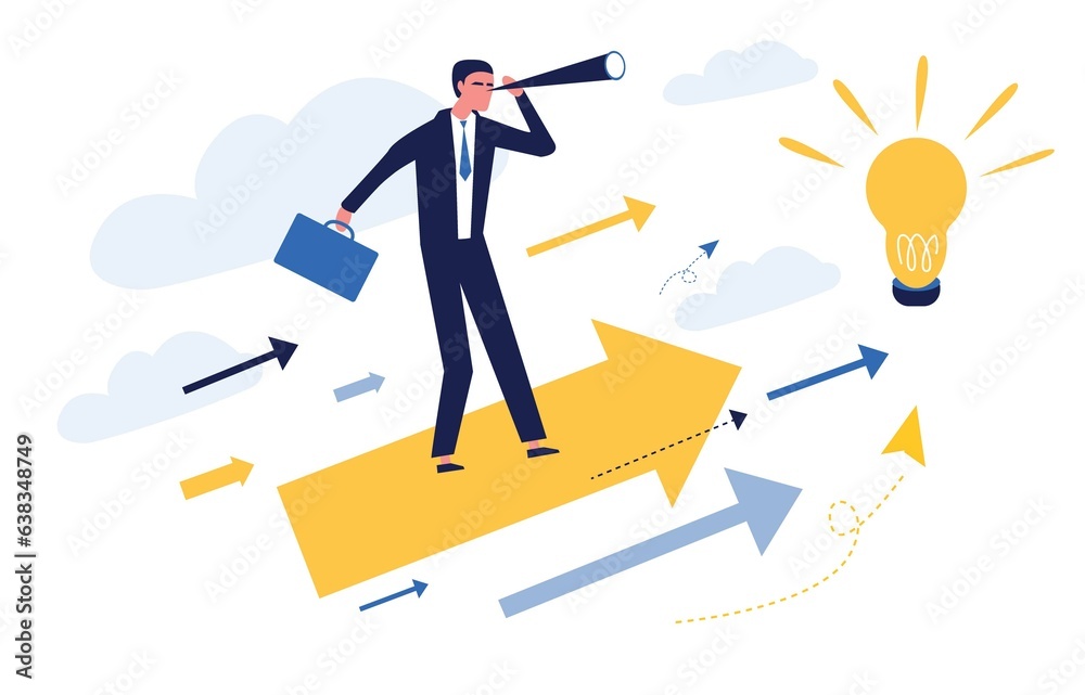 Up. Businessman flying between the arrows. The concept of career development, business, teamwork, teamwork, common goal. Template for landing page, interface, website, homepage, banner, infographic.