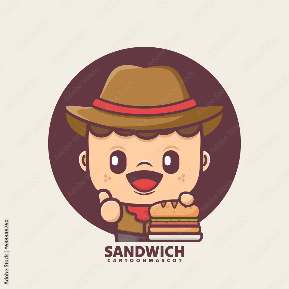 cute cartoon mascot with sandwich. vector illustrations with outline style