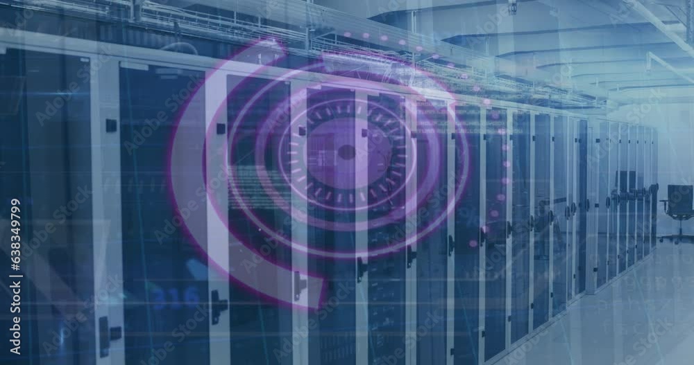 Animation of round scanner and data processing against computer server room Animation of round scanner and data processing against computer server room