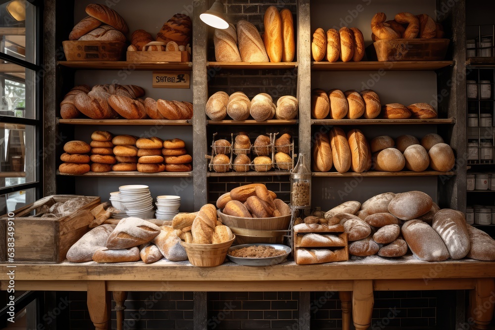 Various types of fresh bread buns and baguette on shelve