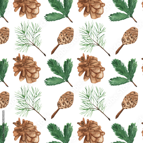Christmas watercolor horizontal seamless pattern with fir and pine cones.Winter patter