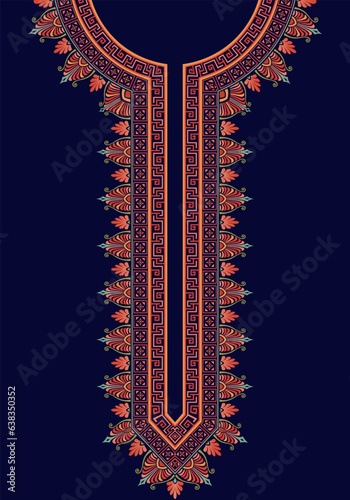 Neck embroidery decoration for the Indian kurta with Greek style on the navy blue background. The colorful pattern design for printing on fabrics, textiles, kaftan dresses, and African dashiki shirts. photo