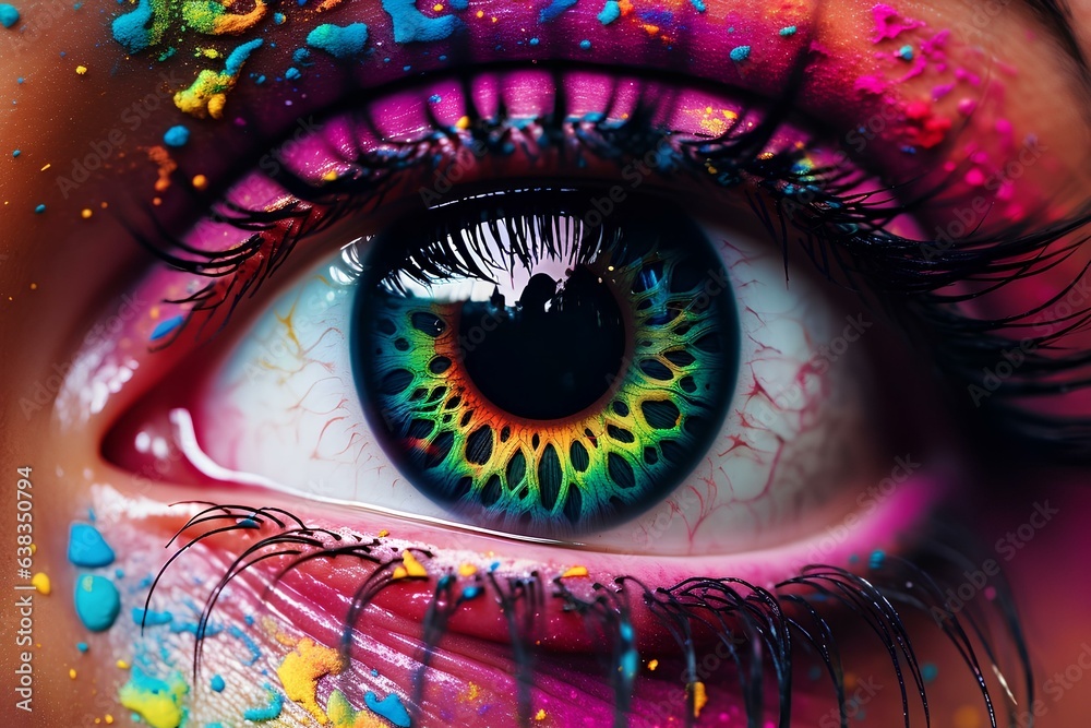 Colorful eye, rainbow coloring of the human eye close-up.