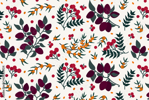 seamless pattern with branches of berries, fruits. Vector pattern with sea buckthorn, plum, mountain ash and leaves
