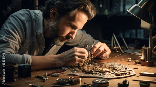 old watchmaker repairing clocks photo
