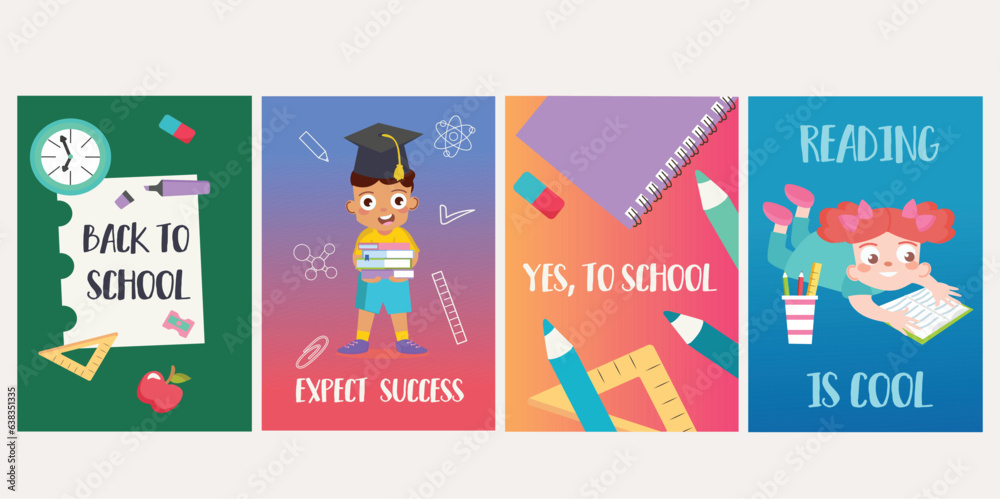 Back to school posters in flat design. Modern brochure design with a flat style, highlighting four 'Back to School' offerings of posters. Vector illustration.