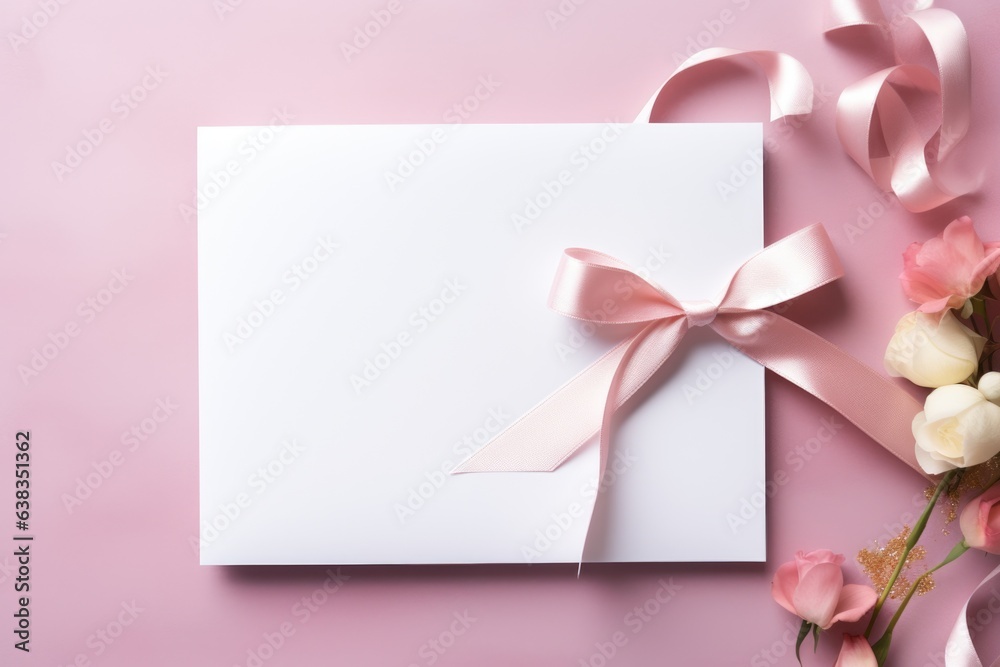 Empty white paper on pastel pink background with rose flowers and silk curly ribbon. Valentine's or woman's day greeting card. Mockup template with copy space. Flat lay, top view Empty white paper on pastel pink background with rose flowers and silk curly ribbon. Valentine's or woman's day greeting card. Mockup template with copy space. Flat lay, top view