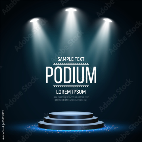 Round podium illuminated by spotlights. Empty pedestal for award ceremony or presentation. Vector illustration.