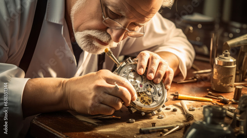 old watchmaker repairing clocks photo