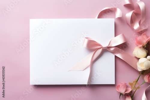 Empty white paper on pastel pink background with rose flowers and silk curly ribbon. Valentine's or woman's day greeting card. Mockup template with copy space. Flat lay, top view © ratatosk