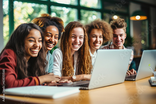 Multiracial happy students sit together with laptop and books. Group learning, Generative AI